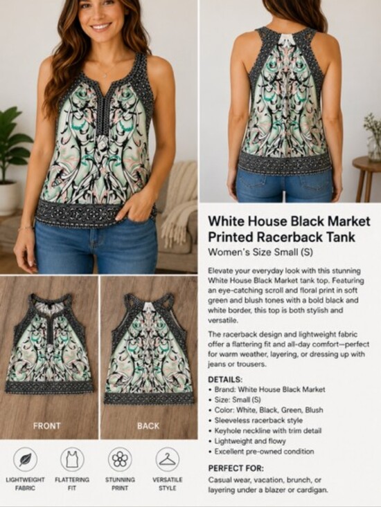 White House Black Market Tops - White House Black Market Black Cream Printed Halter Camisole